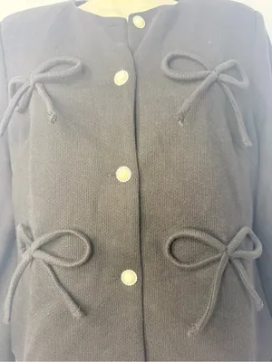 RIVIR Black Knit Jacket Size M Bow Detail Pearl Rhinestone Buttons Collarless thumbnail 7