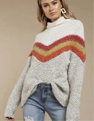 Free People Turn Around Chunky Knit Tunic Sweater Orange Ivory XS Boho Cozycore thumbnail 1