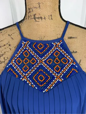 Arden B XS Cobalt Blue Beaded Pleated High Low Maxi Dress Y2K thumbnail 3