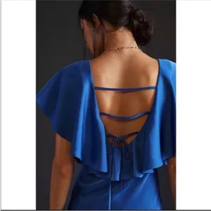 ANTHROPOLOGIE Sachin & Babi Ruffled Maxi Dress V-Neck Flutter Sleeves Blue 8 thumbnail 2