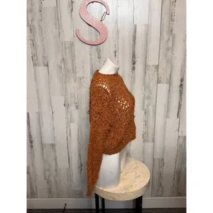 Rust Brown Crochet Knit Crop Sweater | Women’s Size Small | Boho Open Weave Long thumbnail 2