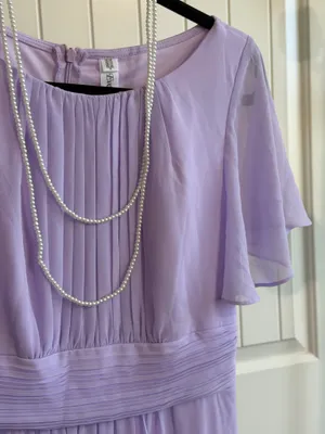 Lavender Chiffon Maxi Dress Flutter Short Sleeve Formal Gown with Pearl Necklace for Wedding Party Evening thumbnail 6