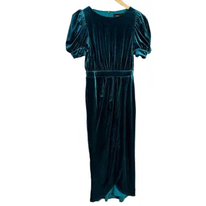 Yumi Kim Tamra Green Velvet Puff Sleeve Faux Wrap Midi Cocktail Dress Size Small thumbnail 6
