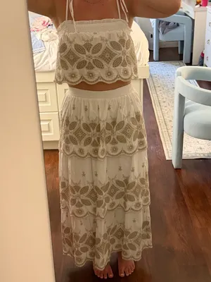 Illa Illa White and Tan Pattern Tiered Maxi Skirt and Top Set thumbnail 3