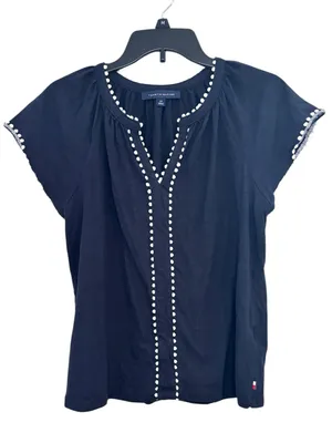 Tommy Hilfiger Navy Short-Sleeve Top with White Pom-Pom Trim Size Small thumbnail 1