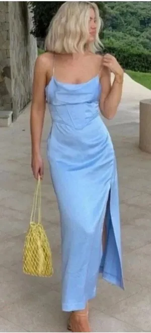 ZARA Satin Corset Style Top Sleeveless Maxi Slip Dress with Slit Sky Blue Medium thumbnail 1