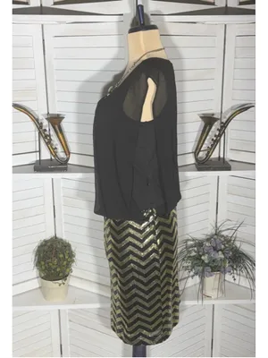 Guess mini cocktail dress black chiffon gold clubbing sequin pinup glam Y2K M thumbnail 4