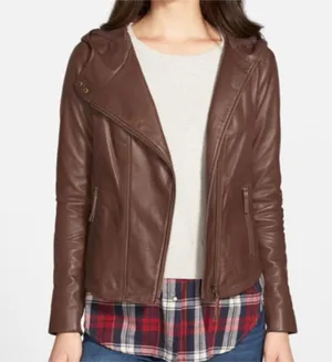 Hinge Hooded Brown Leather Jacket - size small thumbnail 1