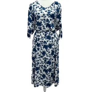 Navy and White Floral Knit V Neck Short Sleeve Dress by Acting Pro Size 1X thumbnail 10