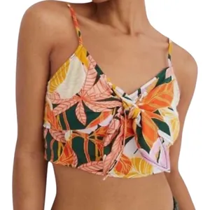 Aerie Size L Tie Front Crop Top Tropical Floral Beach Vacation Smocked‎ Colorful thumbnail 1