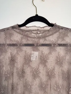 Maurices Embroidered Floral Sheer Mock Neck Top Light Brown NWT thumbnail 2