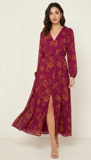 Chelsea28 Maxi Dress Burgundy Size XS Floral Coastal Wedding Bohemian Flowy Cute thumbnail 1