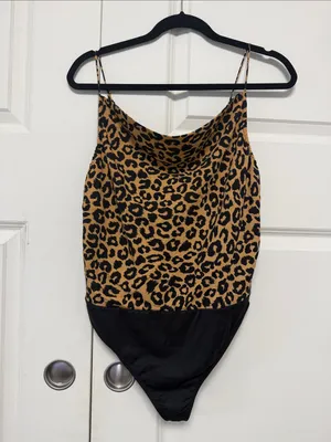 Leopard Print Cowl Neck Bodysuit in Tan and Black thumbnail 2