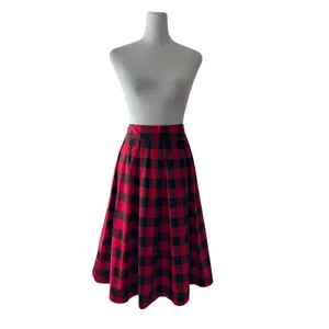 Red & Black Checker Print Pleated A-Line Midi Skirt thumbnail 3