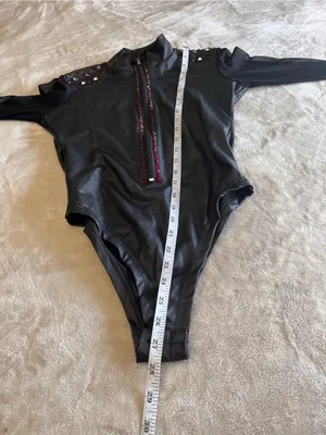 WEISSMAN Leather Zip Up Mesh Sleeves One Piece Bodysuit Jazz Dance Costume Sz S thumbnail 5
