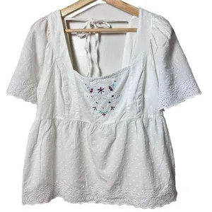 Old Navy Top Womens Med Peasant Eyelet White Blue Embroidery Boho Tie Back New thumbnail 1