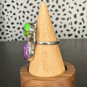 Sterling Silver Mojave Turquoise Purple and Green Two Stone Size 7 thumbnail 2