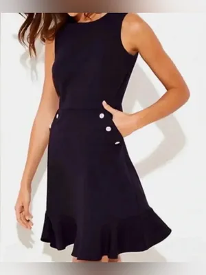 Ann Taylor LOFT Navy Blue Flounce Dress w/Faux Pearl Buttons Sz 0 Balletcore thumbnail 1