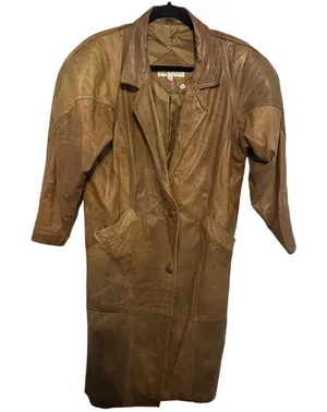 Women's Leather Trench Coat Laurice Vintage 80-90s Brown Pads Size Small Korea thumbnail 1