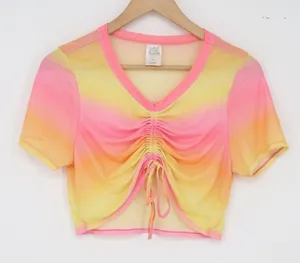 Wild Fable Crop Top Womens M Ombre Pink Orange Yellow Ruched Mesh Excellent thumbnail 1