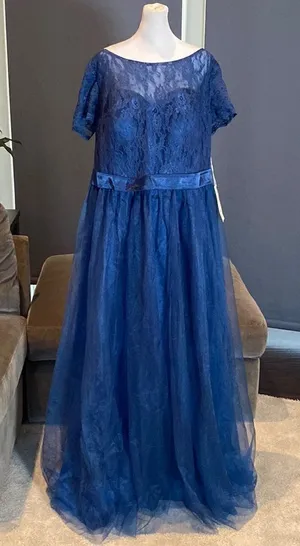 Women’s Blue Full Length Tulle & Lace Sort Sleeve Bridesmaid Dress Size XL NWT thumbnail 1