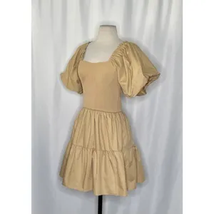NWT! ENDLESS ROSE Mix Media Mini Dress Latte Brown Puff Sleeves Corset Bodice XS thumbnail 4