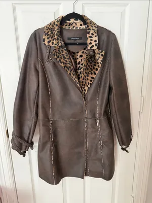 Leopard Trim Brown faux leather Coat thumbnail 1