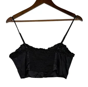 Zara Ruffled Satin Crop Top Adjustable Straps Front Buttons Smocked Back M Black thumbnail 14