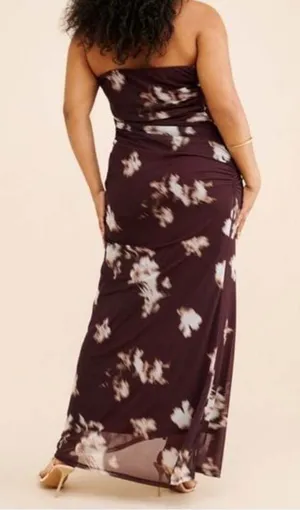 BHLDN Floral Burgundy Ruched Strapless Gown thumbnail 1