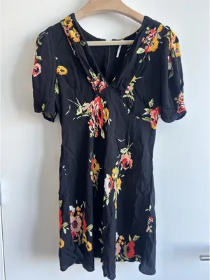 Free People Neon Garden Mini Dress Black Floral V Neck Boho Size 10 thumbnail 2