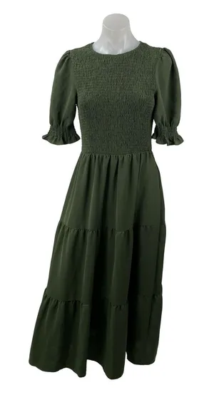 BTFBM Women's Green Smocked Short Puff Sleeve Tiered A Line Maxi Dress Size S thumbnail 1