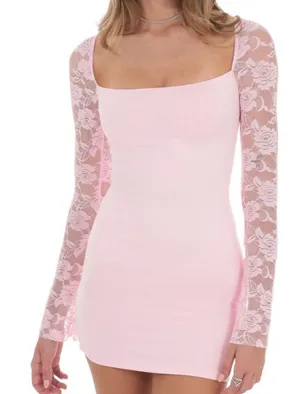 Lucy in the Sky Mini Dress Pink Lace Long Sleeve Small thumbnail 1