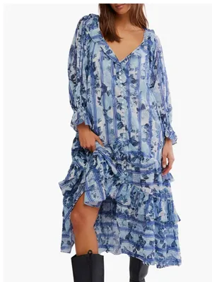 NWT Free People Garden Wonders Long Sleeve Cotton Maxi Dress Medium, BLUE COMBO thumbnail 3