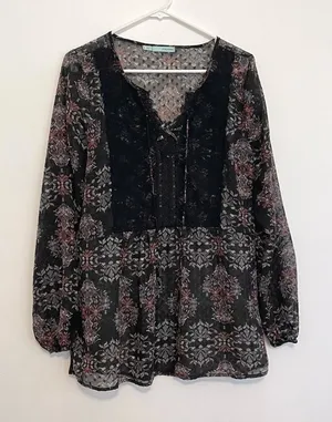 MAURICES Black Geometric Swiss Dot Crochet Lace Up Long Sleeve Peasant Top Tunic thumbnail 1