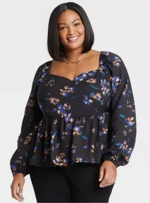 Ava & Viv Black Multicolor Floral Long Sleeve Smocked Peplum Top Sz‎ 1X NEW thumbnail 1