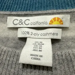 C&C California 100% Cashmere Sweater Women M Gray White Striped Crewneck 2-Ply thumbnail 5
