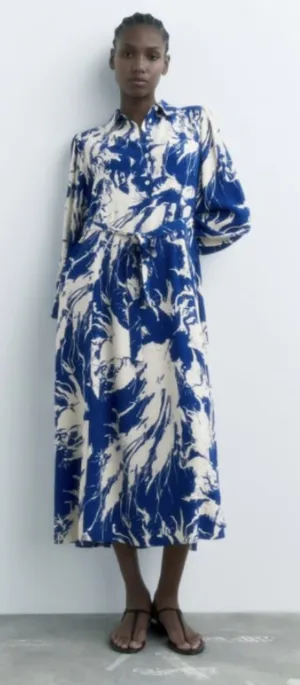 Zara Blue and White Patterned Long Sleeve Dress thumbnail 1