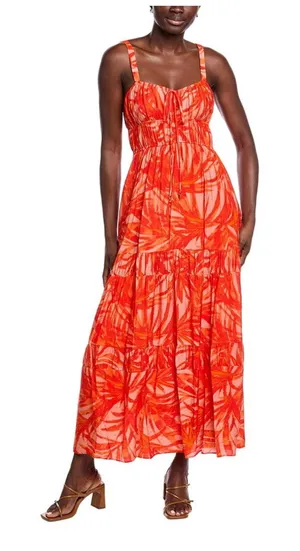 Taylor Red Orange Tropical Tiered Maxi Dress XS thumbnail 1