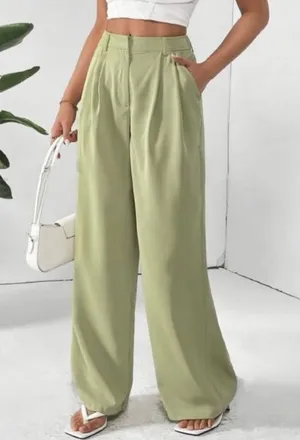 Zara high-rise wide leg pleated green trouser pants with pockets women Size XL thumbnail 1