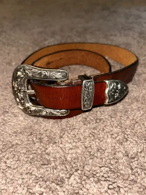 Handmade dark brown leather silver tone floral buckle western belt thumbnail 3