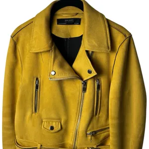 Zara Faux Suede Mustard Yellow Moto Jacket Belted Biker Zip Fall Grunge M thumbnail 3