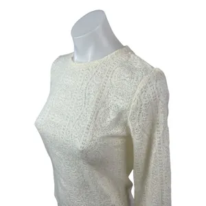 Commense Women's Cream Floral Lace Long Sleeve Crew Neck Blouse Top Size S thumbnail 2