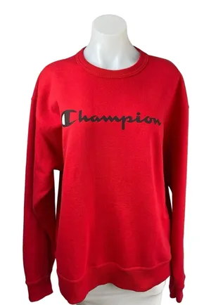 Champion Red Crew Neck Logo Fleece Spell Out Oversized Pullover Sweatshirt Sz L thumbnail 1