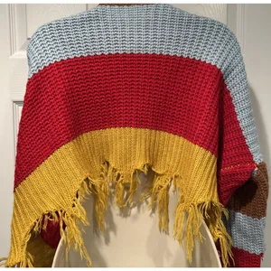 Women Distressed Oversized V Neck Sweater Fringe Hem Colorblock Boho Y2K Small thumbnail 5