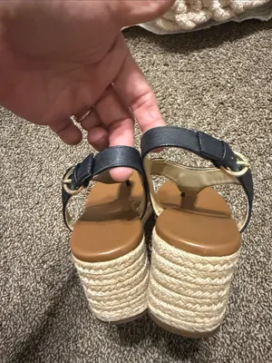 Michael Michael Kors Thong Wedge Espadrille Sandals MK Logo Black Espadrilles 7M thumbnail 7