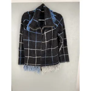 Arette Womens Cardigan Fuzzy Grid Plaid Fringe Zip Up Black Blue Large thumbnail 2