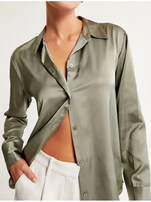 Abercrombie & Fitch XS Olive Satin Oversized Button-Up Shirt thumbnail 1