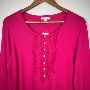 Gap Sweater Top Womens Large Pink Cotton Cashmere Long Sleeve Henley Ruffle New‎ thumbnail 3