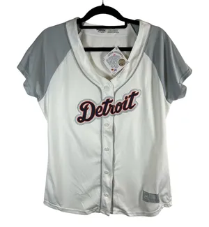 Majestic MLB Detroit Tigers Baseball Jersey Womens Large White Grey Glitter Logo thumbnail 1