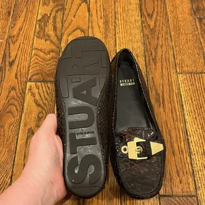 STUART WEITZMAN Crocodile Patent Leather Gold‎ Mary Jane Buckle Loafers Size 7M thumbnail 7